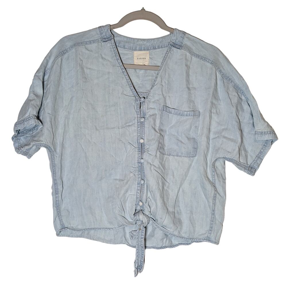 Harper Retro Denim Top XS Blue Tie Front Button Up Short Sleeve Casual V-Neck